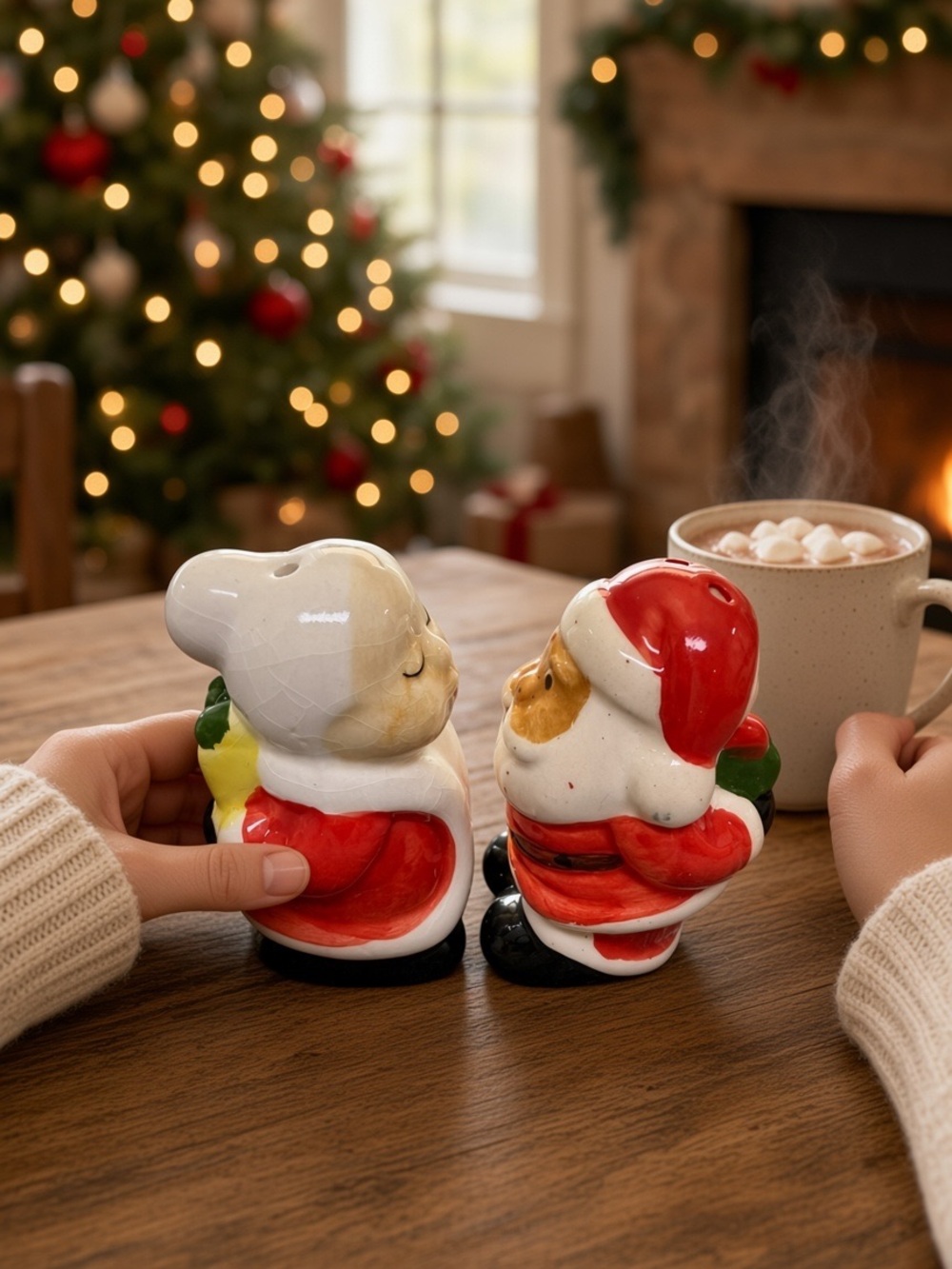 Vintage Ceramic Kissing Santa & Mrs Claus Salt Pepper Shakers Holiday Cottagecor